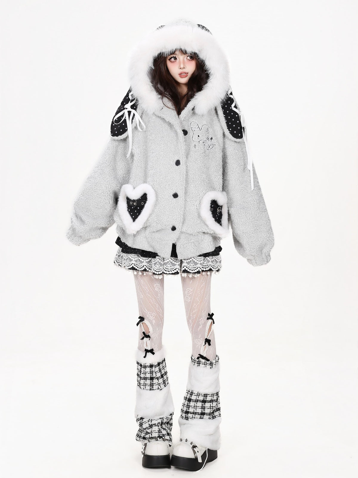CRAZYGIRL Polka Dot Lace Up Bunny Ear Hooded Women&