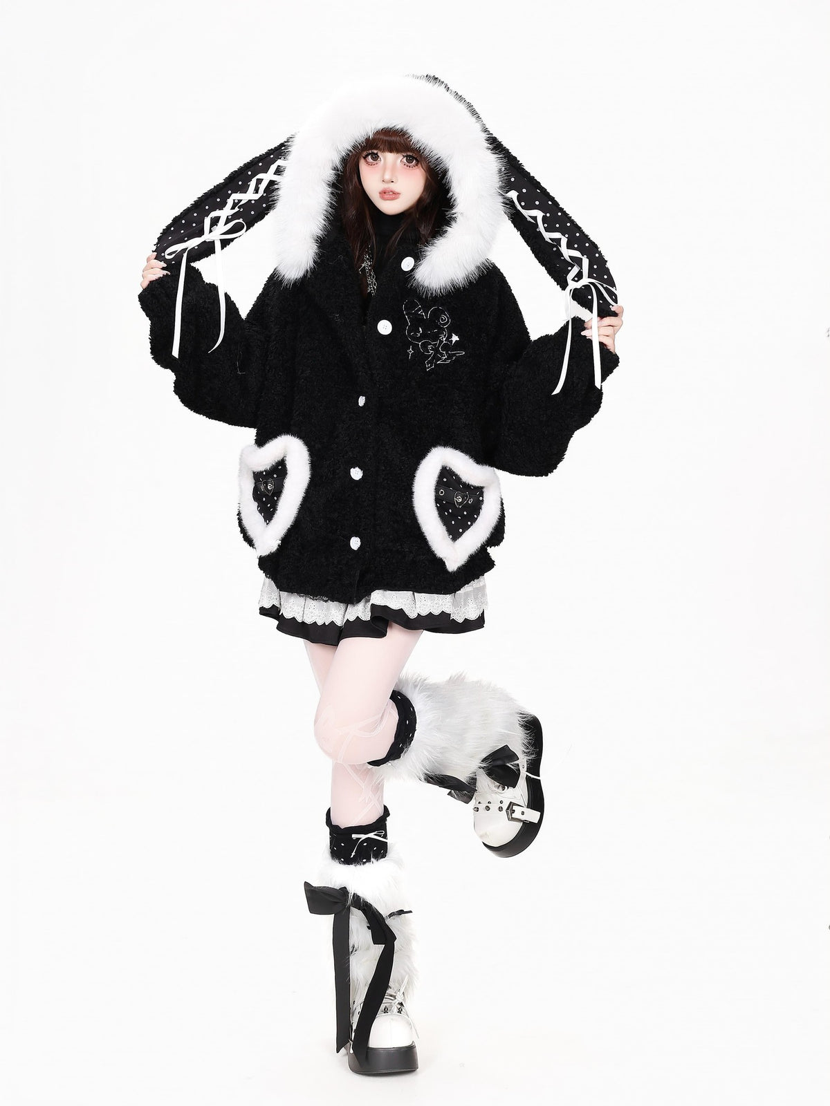 CRAZYGIRL Polka Dot Lace Up Bunny Ear Hooded Women&