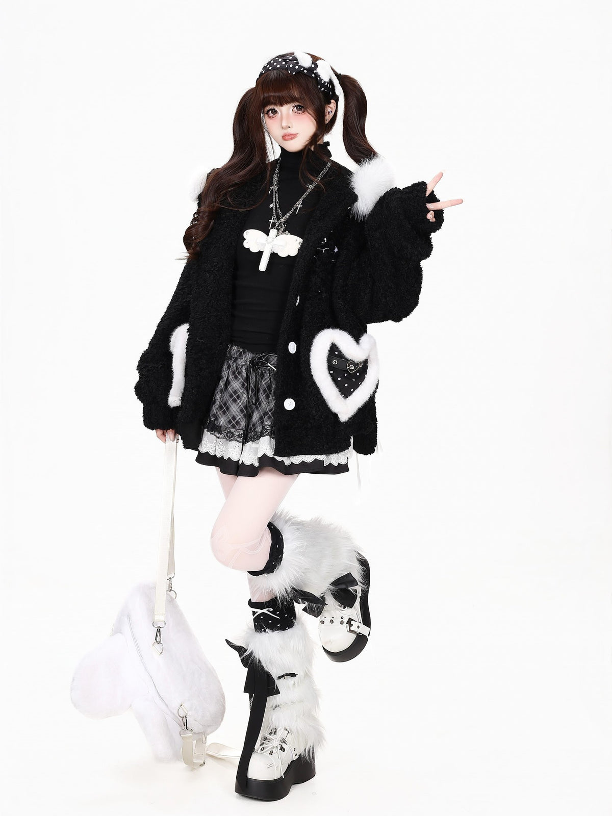 CRAZYGIRL Polka Dot Lace Up Bunny Ear Hooded Women&