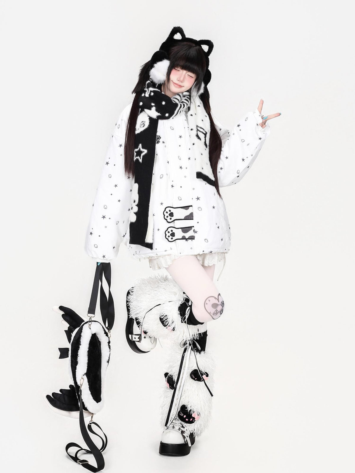 CRAZYGIRL Printed Bear Ears Hooded Thickened Women&