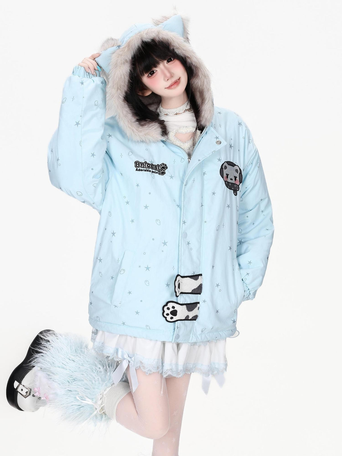 CRAZYGIRL Printed Bear Ears Hooded Thickened Women&