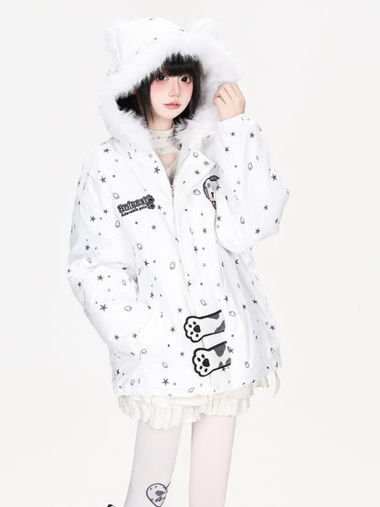 CRAZYGIRL Printed Bear Ears Hooded Thickened Women&