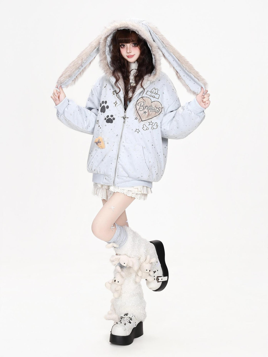 CRAZYGIRL Rabbit Ear Hooded Letter Print Faux Fur Collar Loose Women&