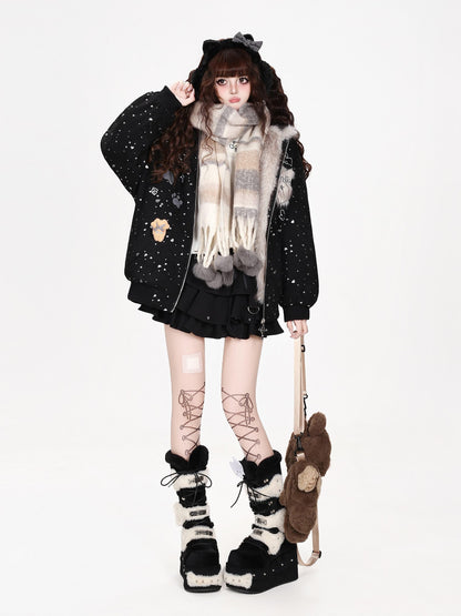 CRAZYGIRL Rabbit Ear Hooded Letter Print Faux Fur Collar Loose Women&
