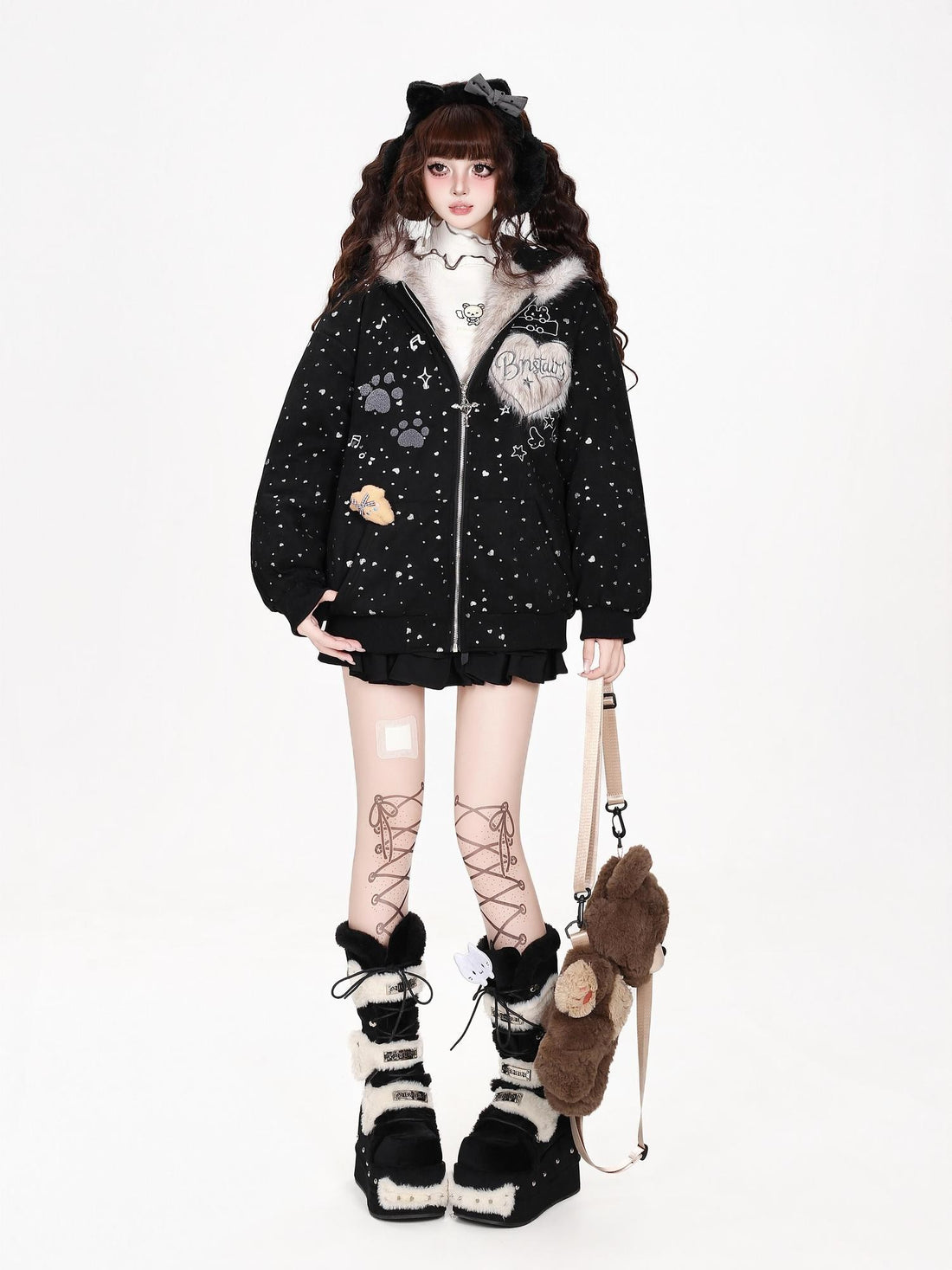 CRAZYGIRL Rabbit Ear Hooded Letter Print Faux Fur Collar Loose Women&