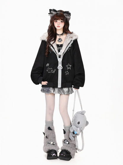 CRAZYGIRL Rabbit Ear Hooded Zip Color Block Faux Suede Women&