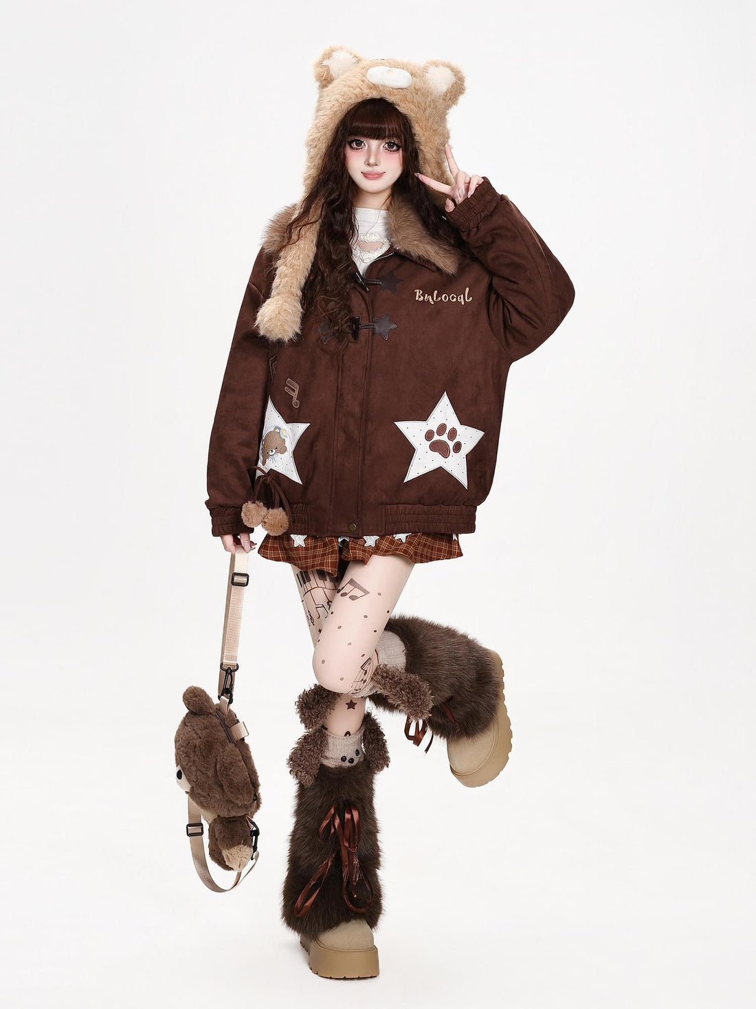 CRAZYGIRL Star Bear Print Faux Suede Loose Fit Women&