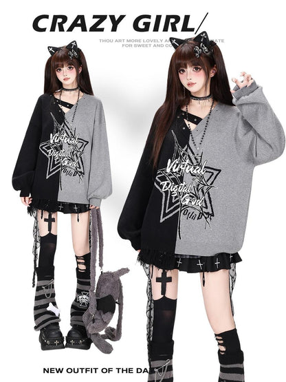 CRAZYGIRL Star Color Block V-neck Asymmetric Loose Knit Women&