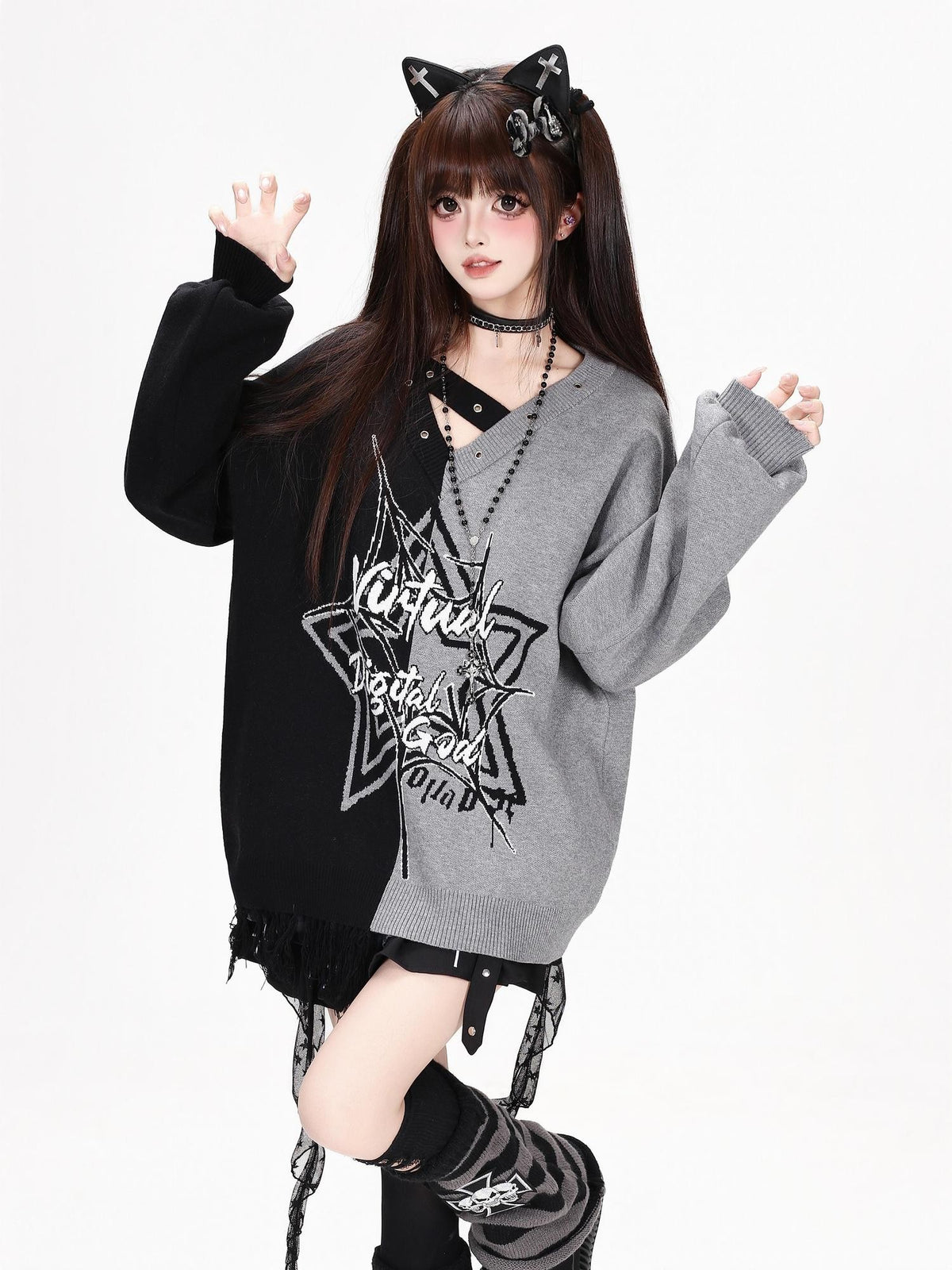 CRAZYGIRL Star Color Block V-neck Asymmetric Loose Knit Women&