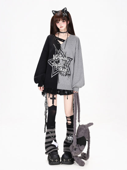 CRAZYGIRL Star Color Block V-neck Asymmetric Loose Knit Women&