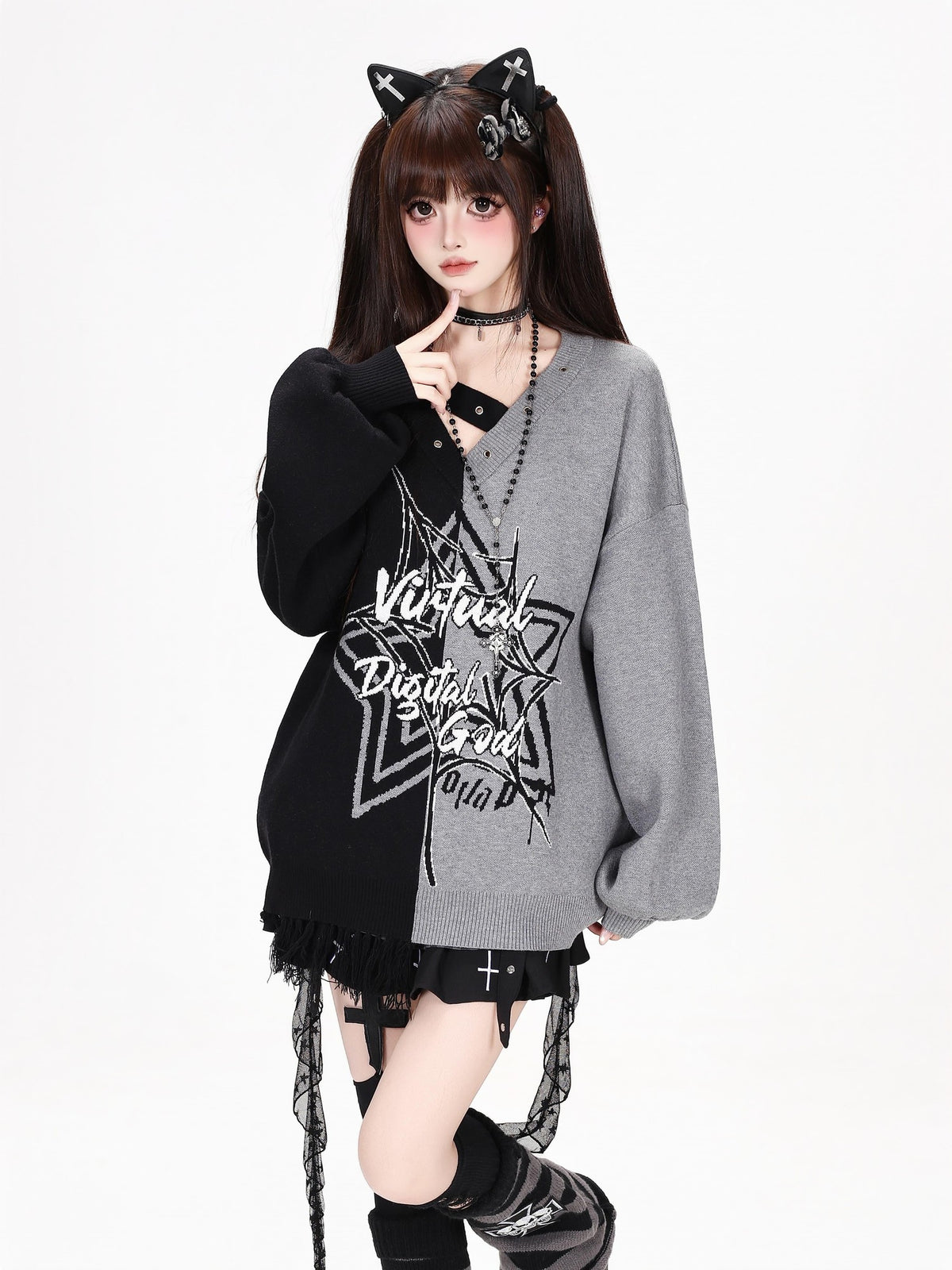 CRAZYGIRL Star Color Block V-neck Asymmetric Loose Knit Women&