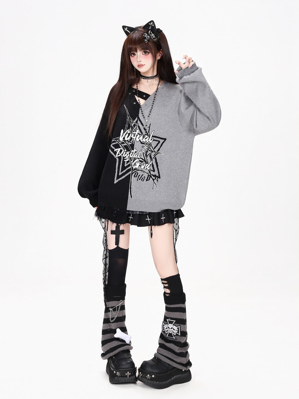 CRAZYGIRL Star Color Block V-neck Asymmetric Loose Knit Women&