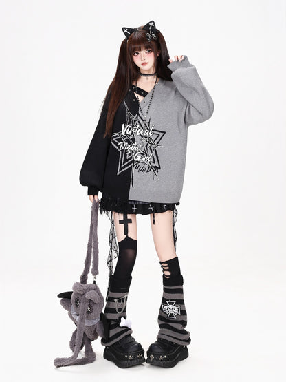 CRAZYGIRL Star Color Block V-neck Asymmetric Loose Knit Women&
