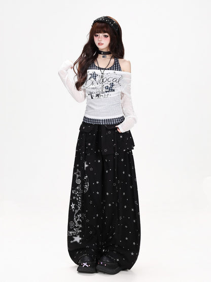 CRAZYGIRL Star Music Note High Waist Loose Cargo Women&