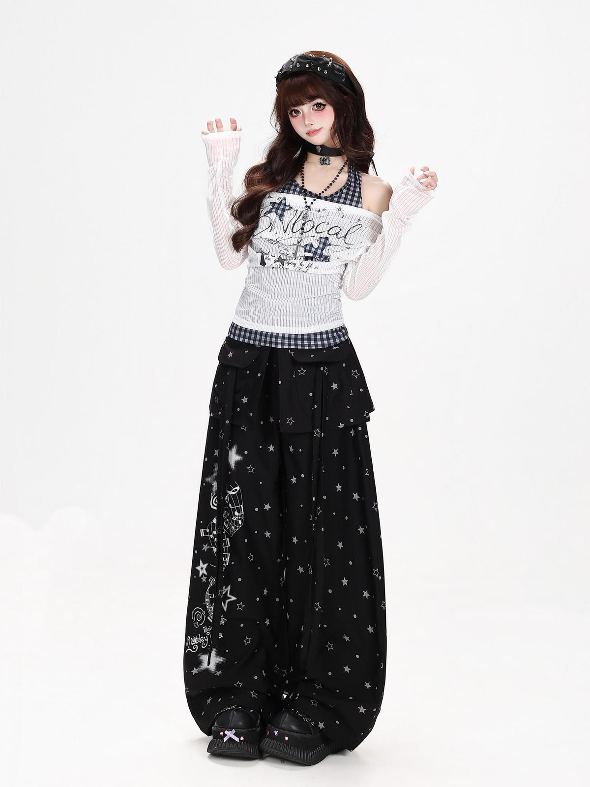 CRAZYGIRL Star Music Note High Waist Loose Cargo Women&