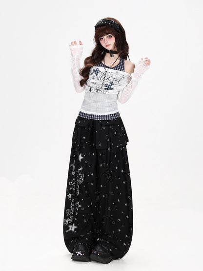 CRAZYGIRL Star Music Note High Waist Loose Cargo Women&