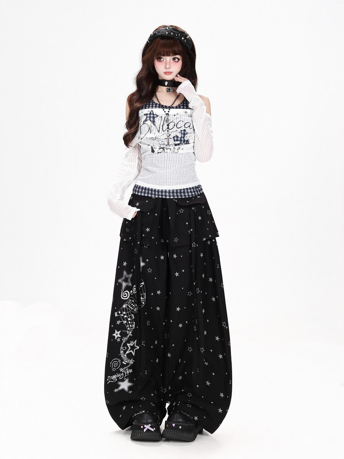 CRAZYGIRL Star Music Note High Waist Loose Cargo Women&