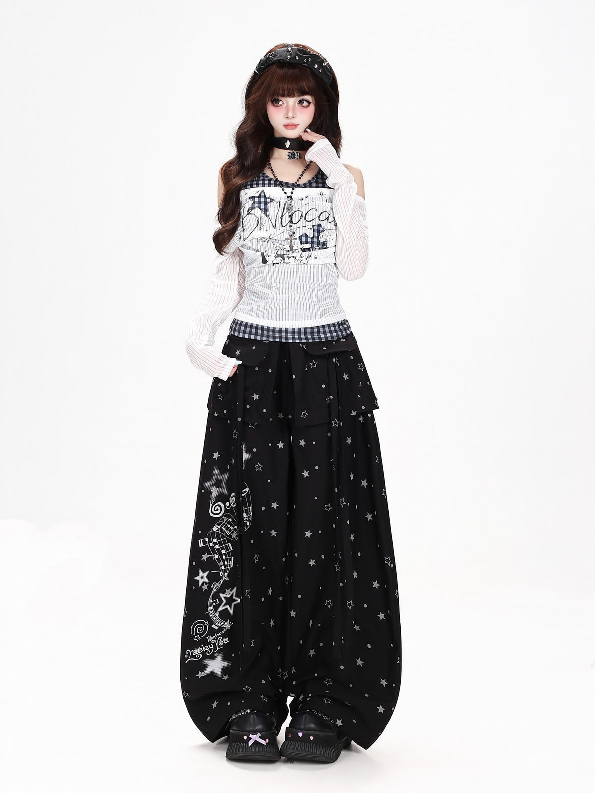 CRAZYGIRL Star Music Note High Waist Loose Cargo Women&