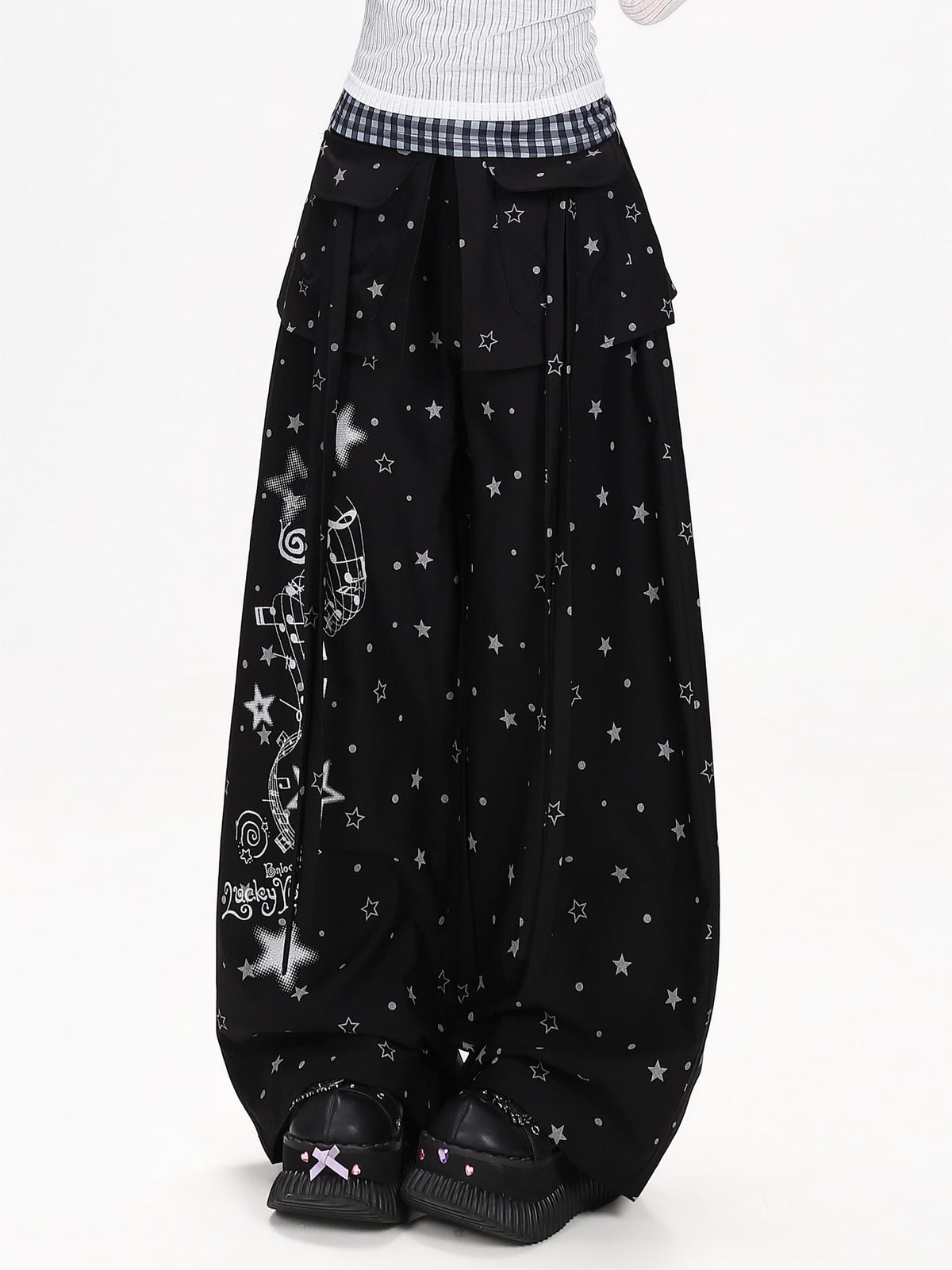 CRAZYGIRL Star Music Note High Waist Loose Cargo Women&