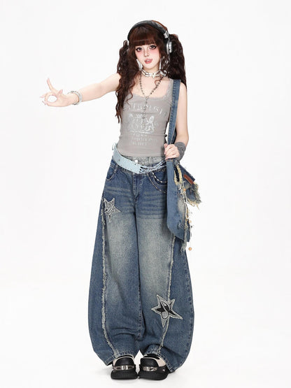 CRAZYGIRL Star Patch Washed Distressed Loose Fit Women&