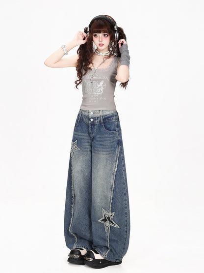 CRAZYGIRL Star Patch Washed Distressed Loose Fit Women&