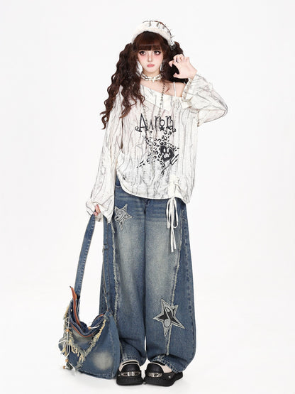 CRAZYGIRL Star Patch Washed Distressed Loose Fit Women&