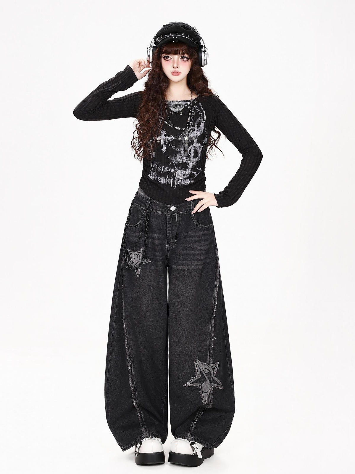 CRAZYGIRL Star Patch Washed Distressed Loose Fit Women&