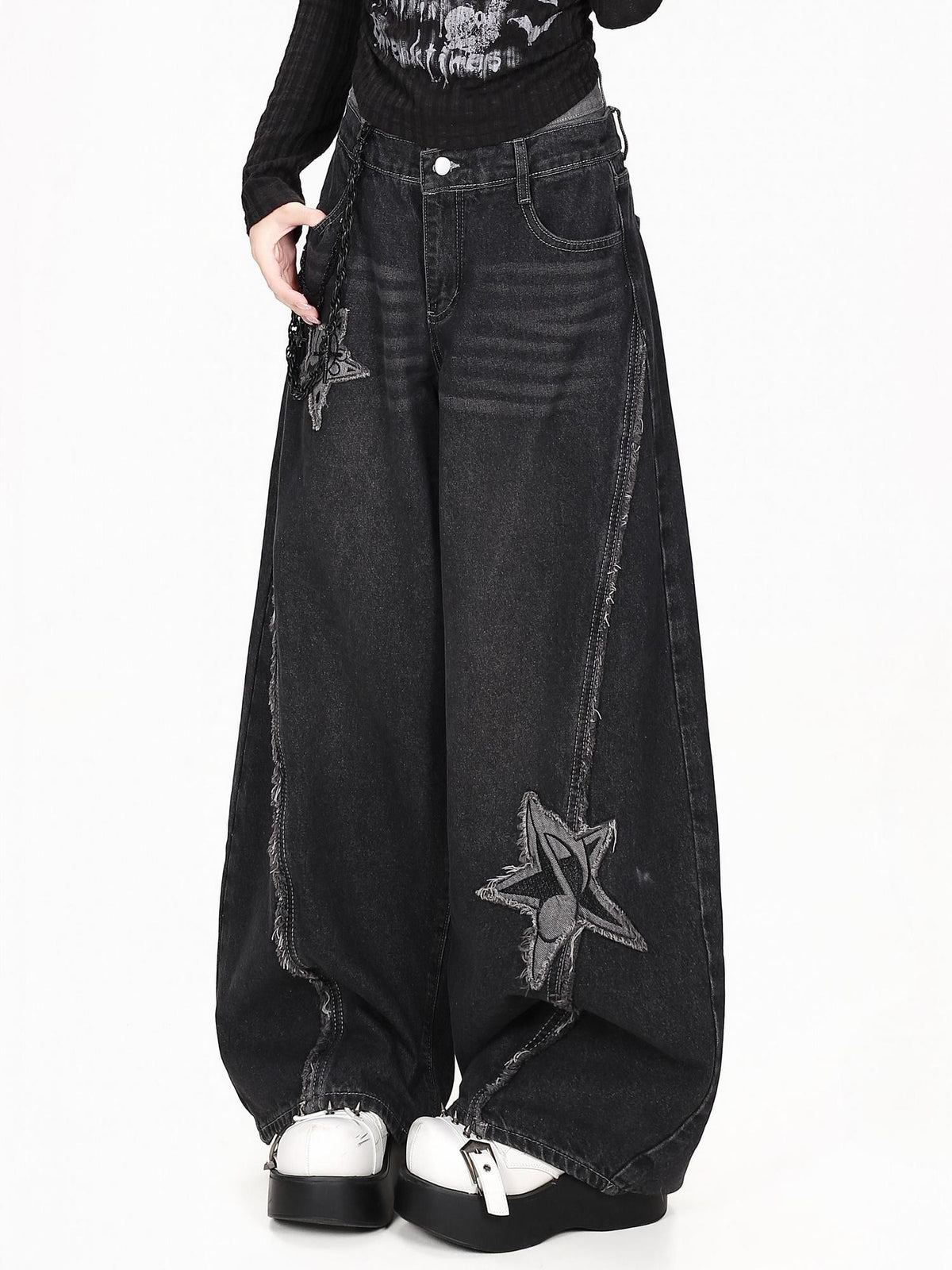 CRAZYGIRL Star Patch Washed Distressed Loose Fit Women&