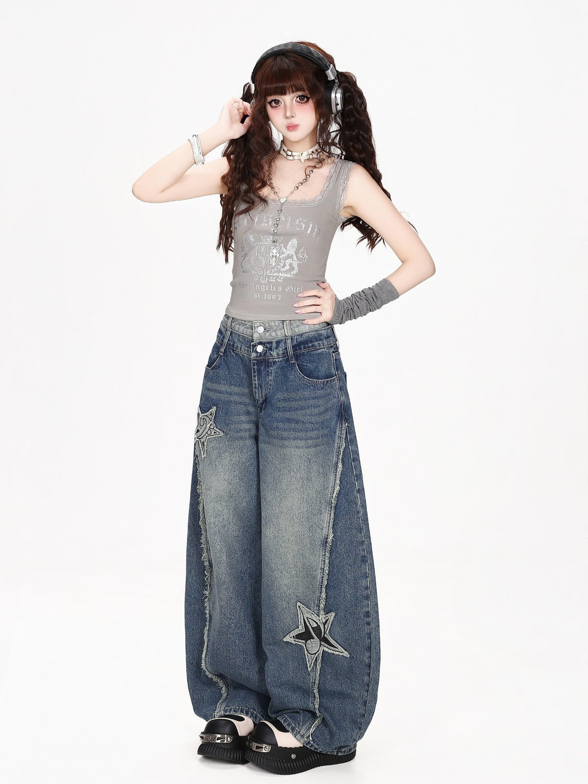 CRAZYGIRL Star Patch Washed Distressed Loose Fit Women&