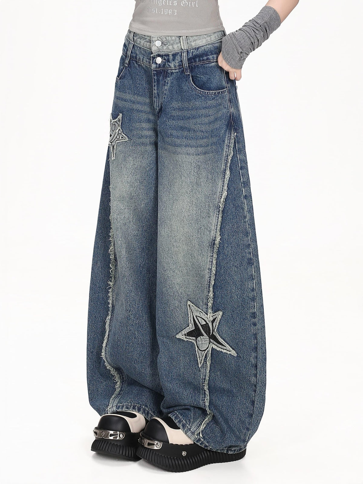 CRAZYGIRL Star Patch Washed Distressed Loose Fit Women&