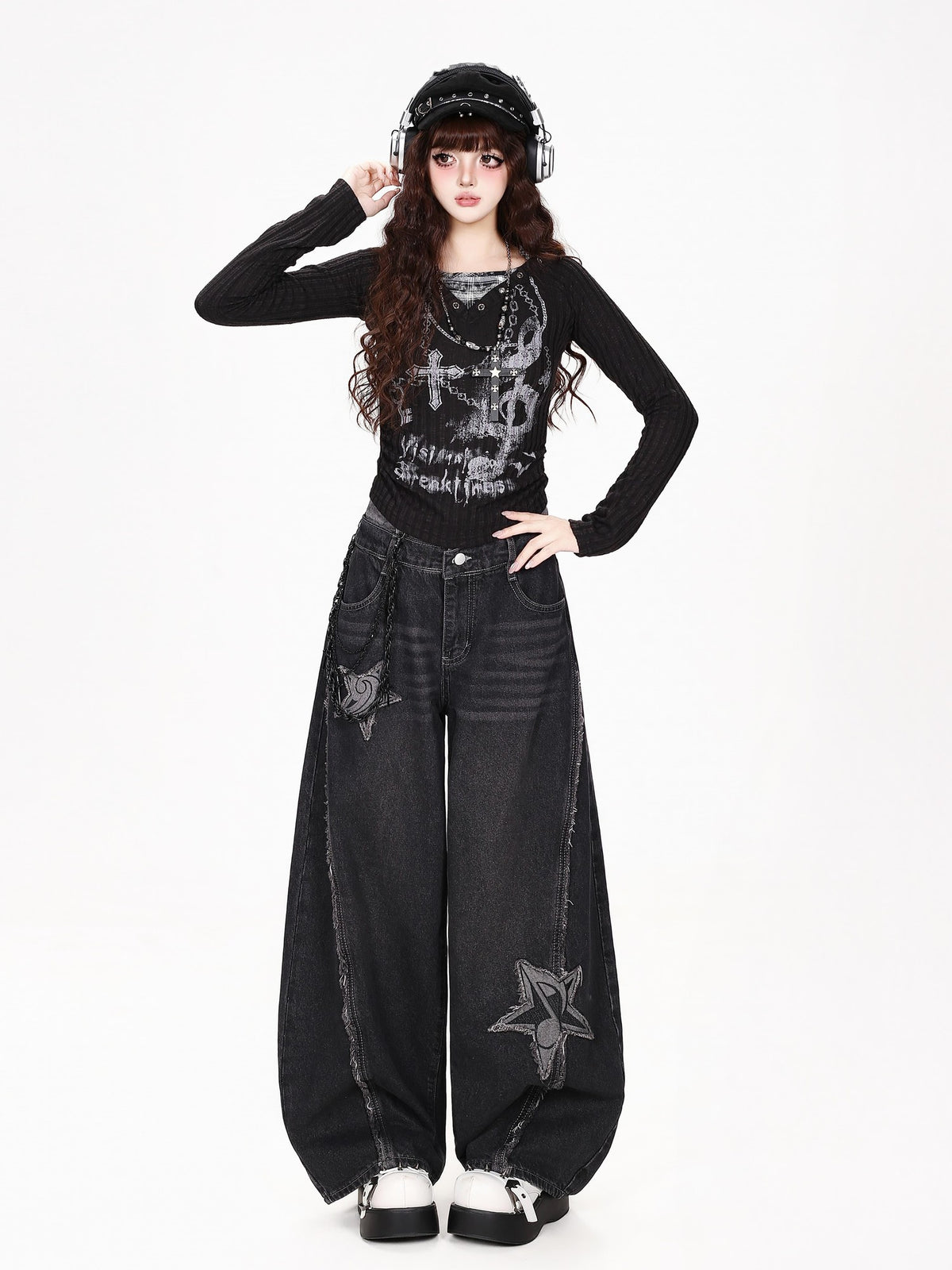 CRAZYGIRL Star Patch Washed Distressed Loose Fit Women&