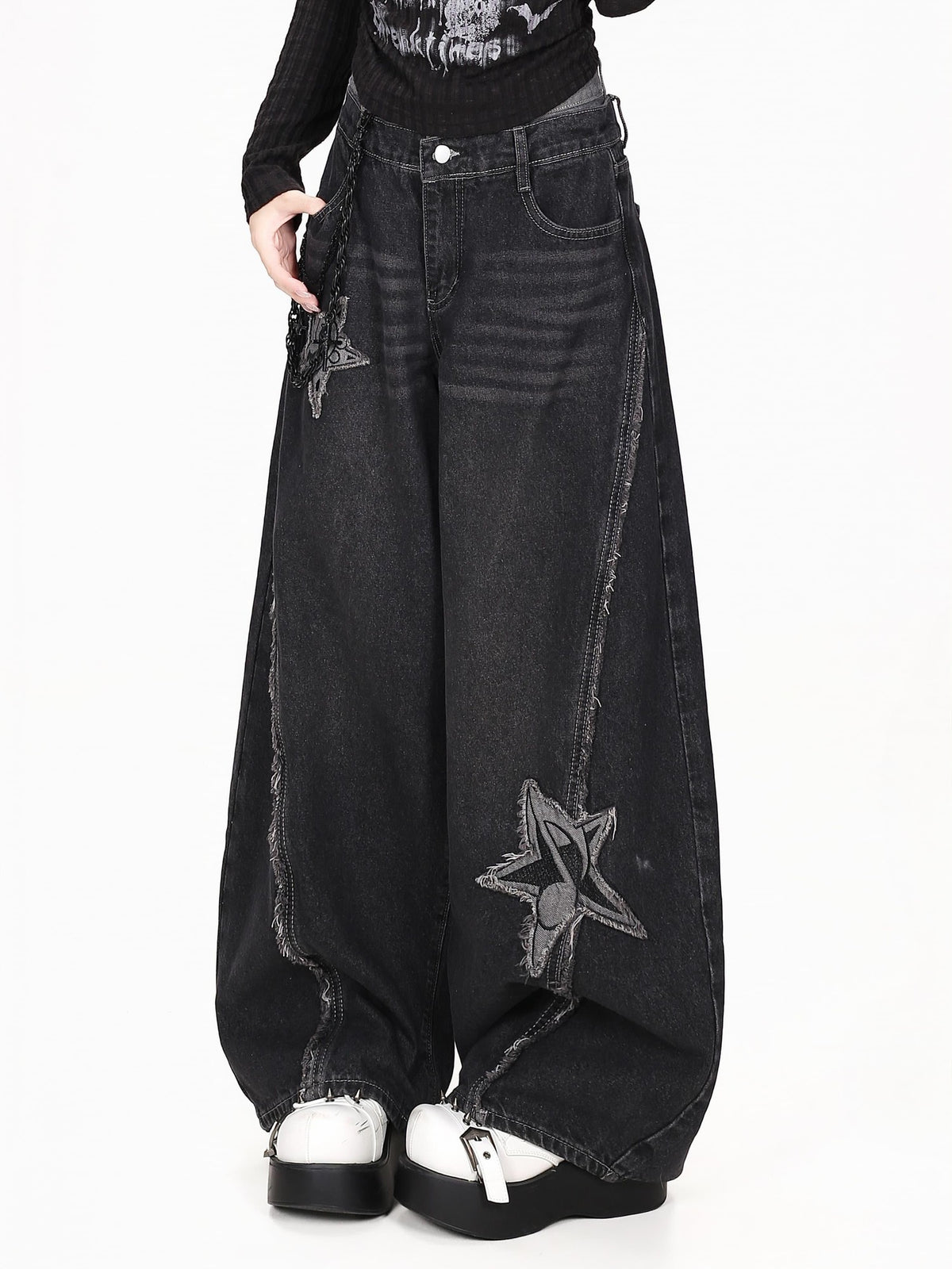 CRAZYGIRL Star Patch Washed Distressed Loose Fit Women&