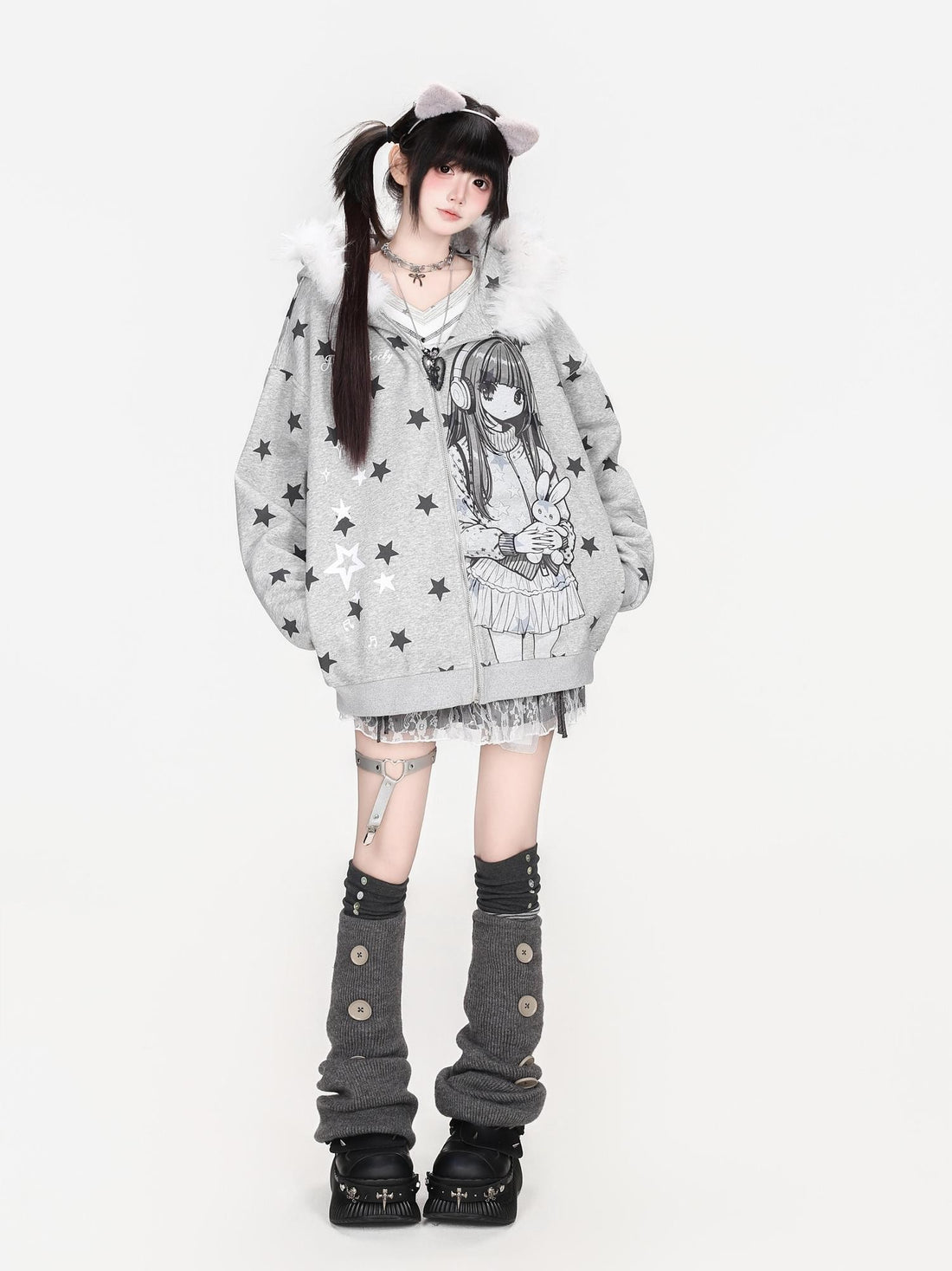 CRAZYGIRL Star Print Faux Fur Trim Hooded Loose Fit Japanese Women&