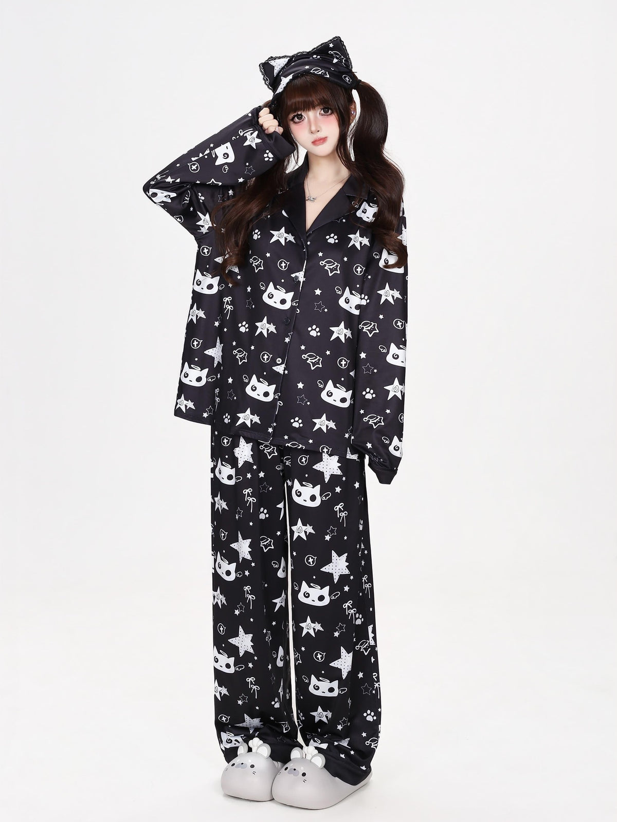 CRAZYGIRL Star Print Loose Fit Long Sleeve Button Front Women&