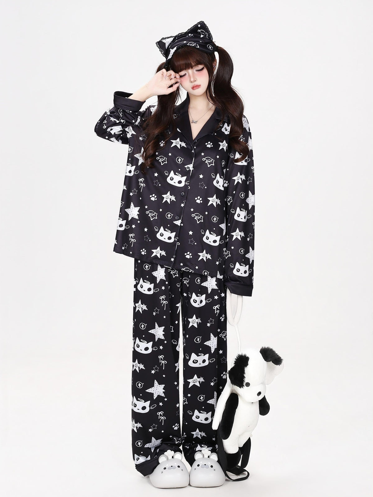 CRAZYGIRL Star Print Loose Fit Long Sleeve Button Front Women&