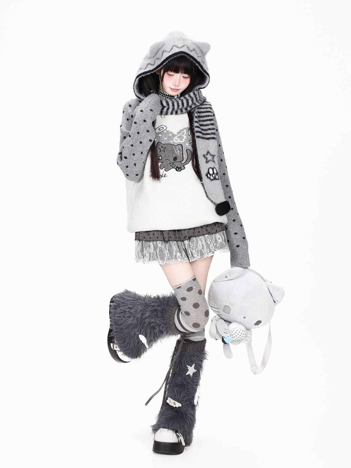 CRAZYGIRL Striped Cat Ear Scarf Integrated Ear Flap Women&