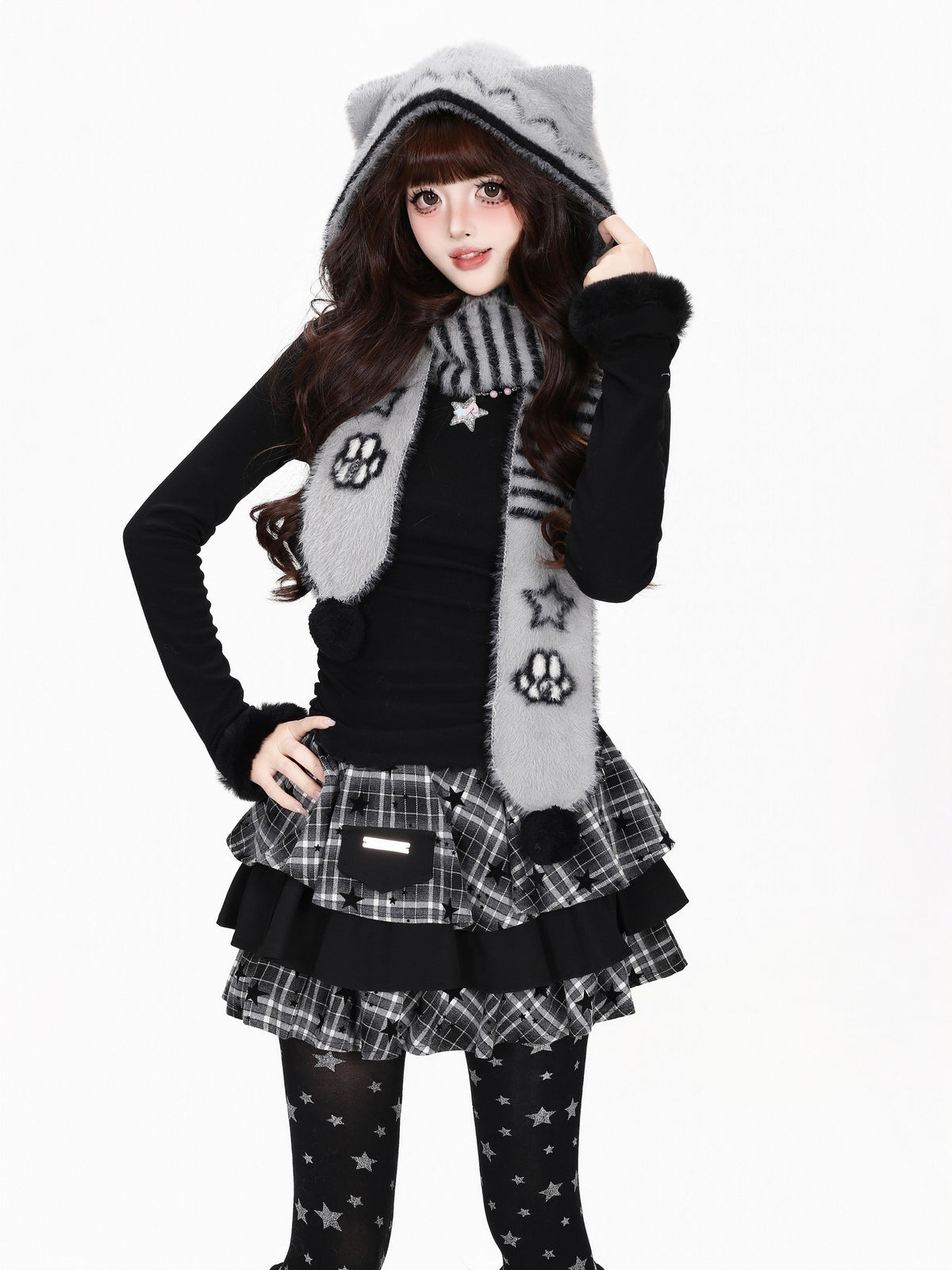 CRAZYGIRL Striped Cat Ear Scarf Integrated Ear Flap Women&
