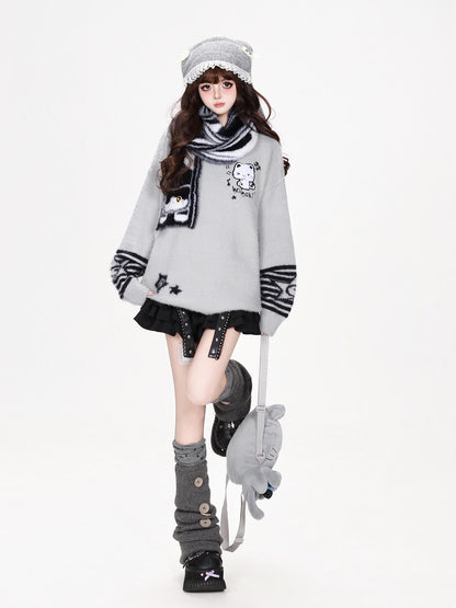 CRAZYGIRL Striped Cat Scarf Loose Casual Pullover Knit Women&