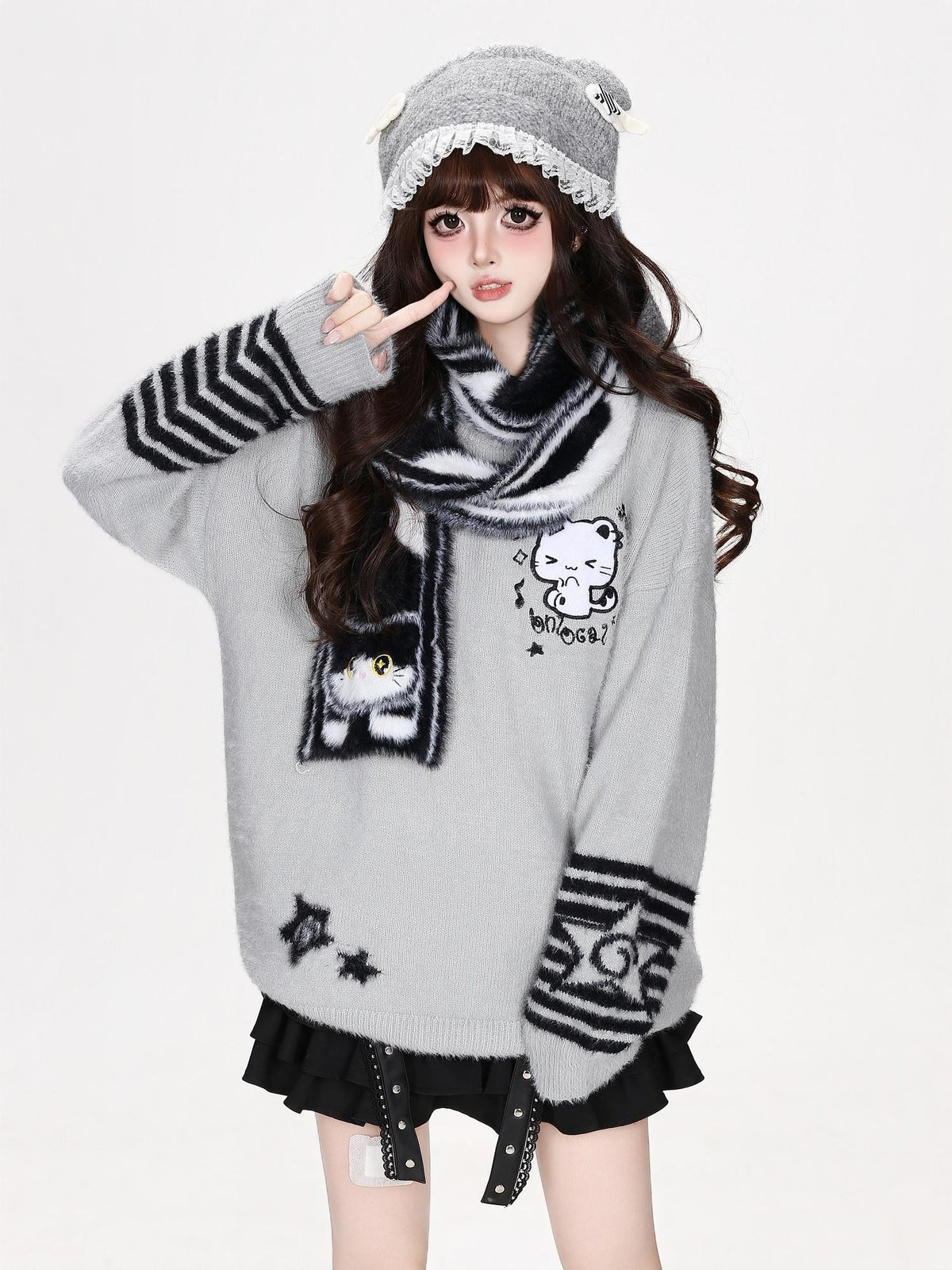 CRAZYGIRL Striped Cat Scarf Loose Casual Pullover Knit Women&