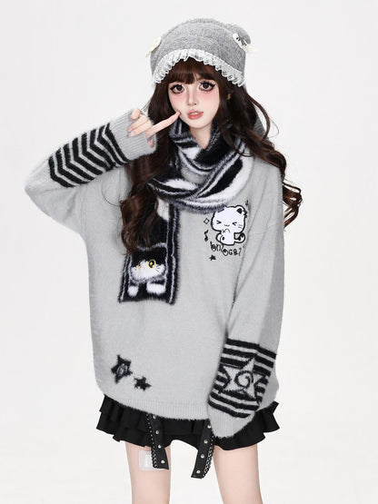 CRAZYGIRL Striped Cat Scarf Loose Casual Pullover Knit Women&
