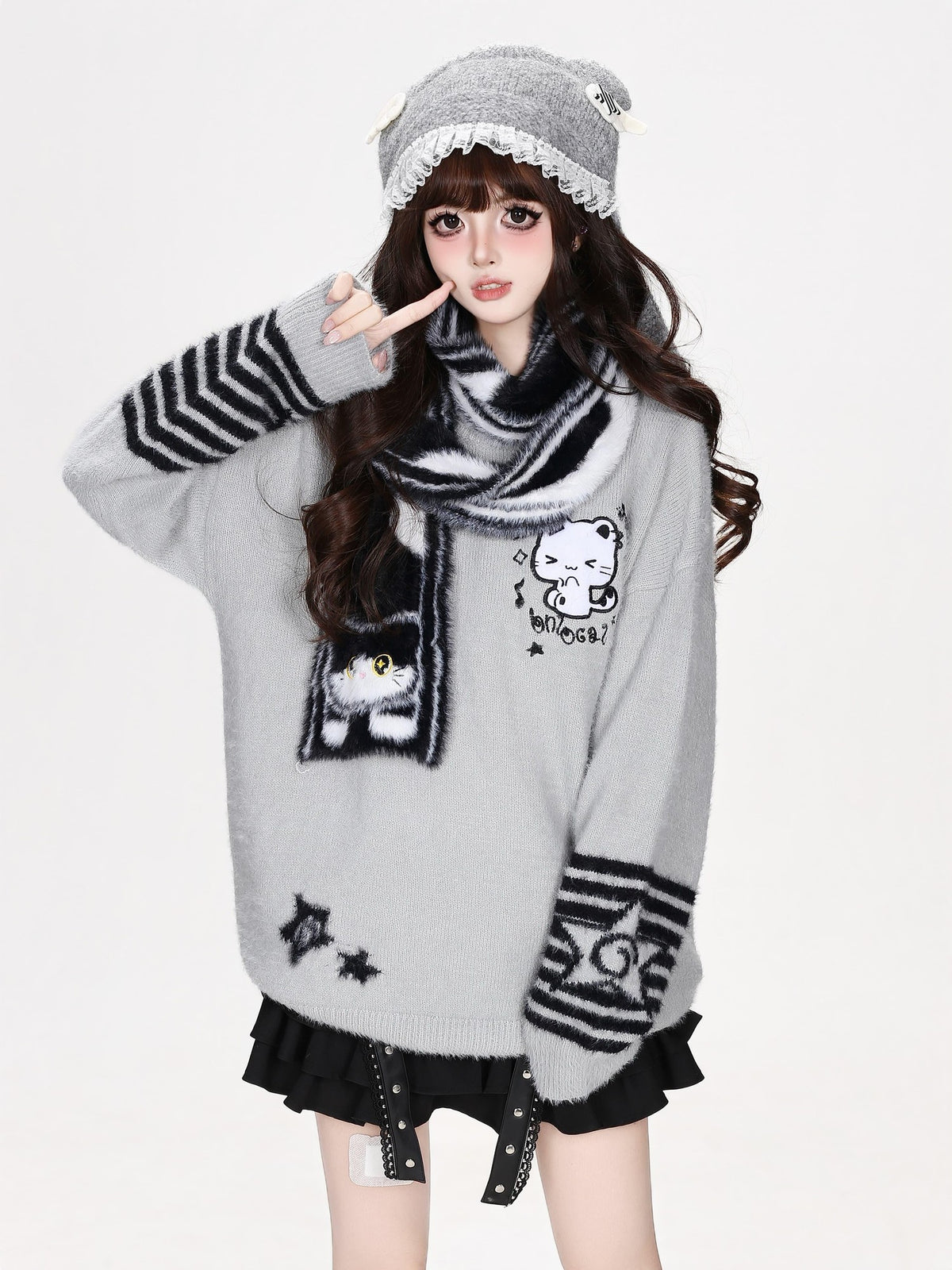 CRAZYGIRL Striped Cat Scarf Loose Casual Pullover Knit Women&