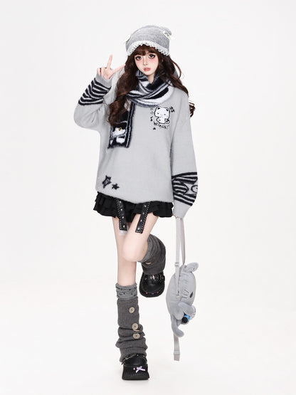 CRAZYGIRL Striped Cat Scarf Loose Casual Pullover Knit Women&