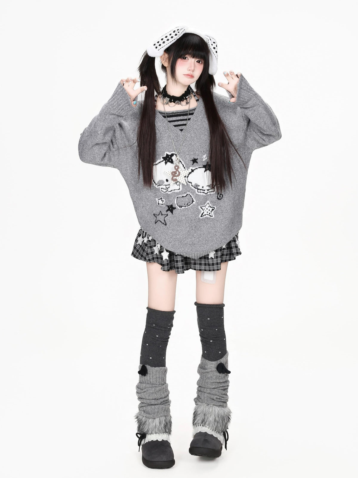 CRAZYGIRL Striped Cat V-neck Loose Knit Pullover Women&