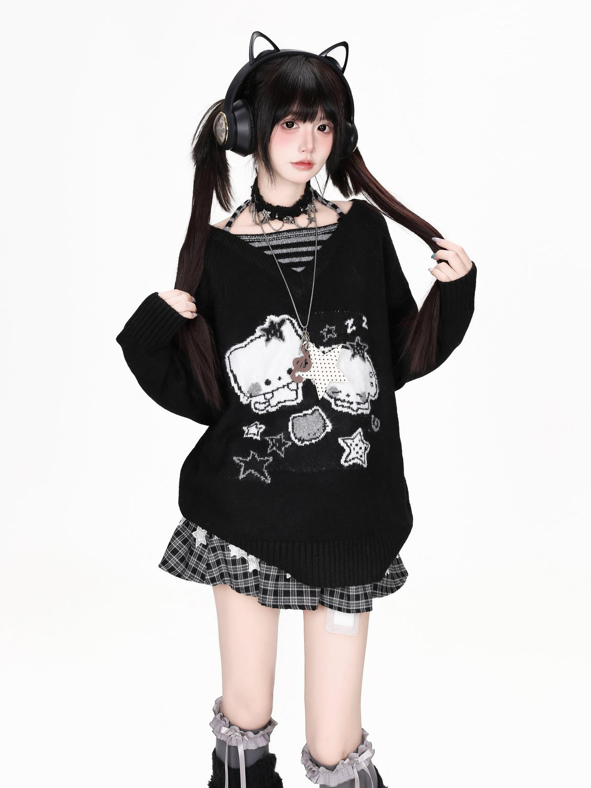 CRAZYGIRL Striped Cat V-neck Loose Knit Pullover Women&