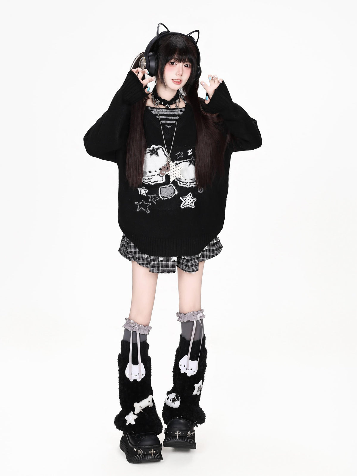 CRAZYGIRL Striped Cat V-neck Loose Knit Pullover Women&