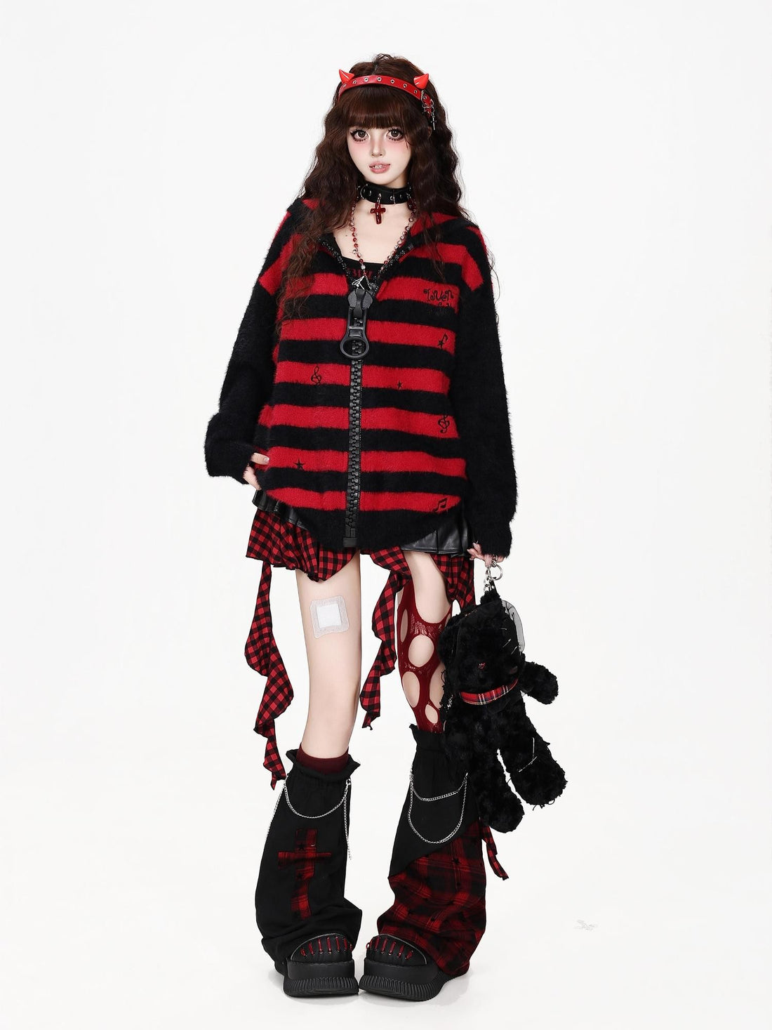 CRAZYGIRL Striped Color Block Zip Up Hooded Loose Knit Women&