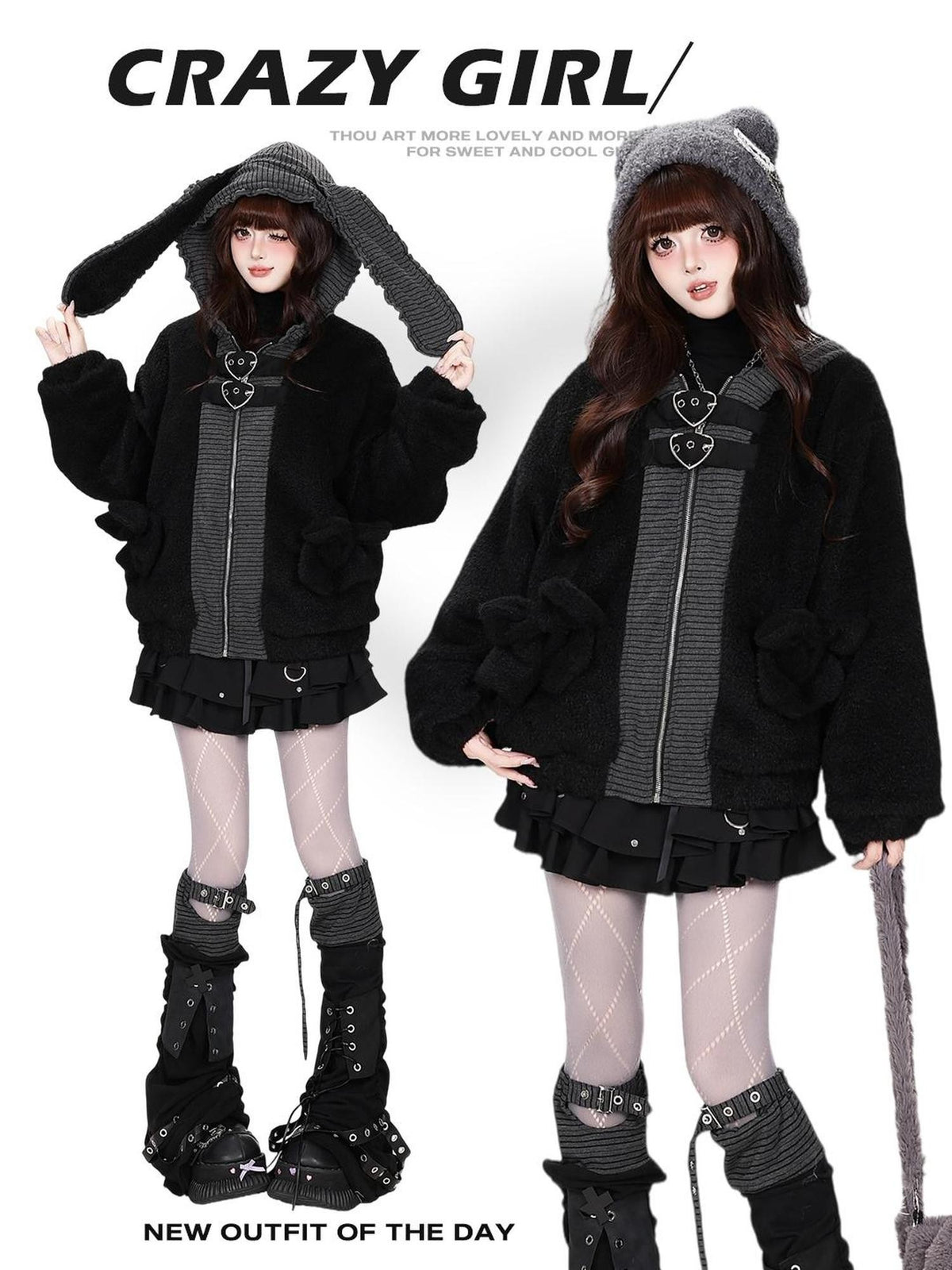 CRAZYGIRL Striped Heart Buckle Bunny Ear Loose Fit Women&