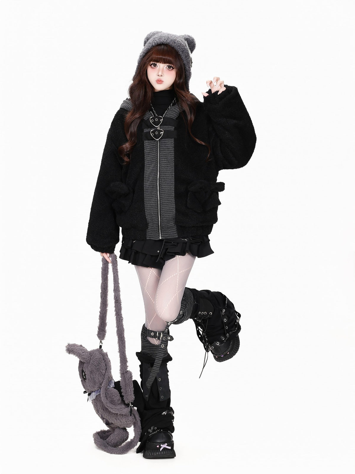 CRAZYGIRL Striped Heart Buckle Bunny Ear Loose Fit Women&