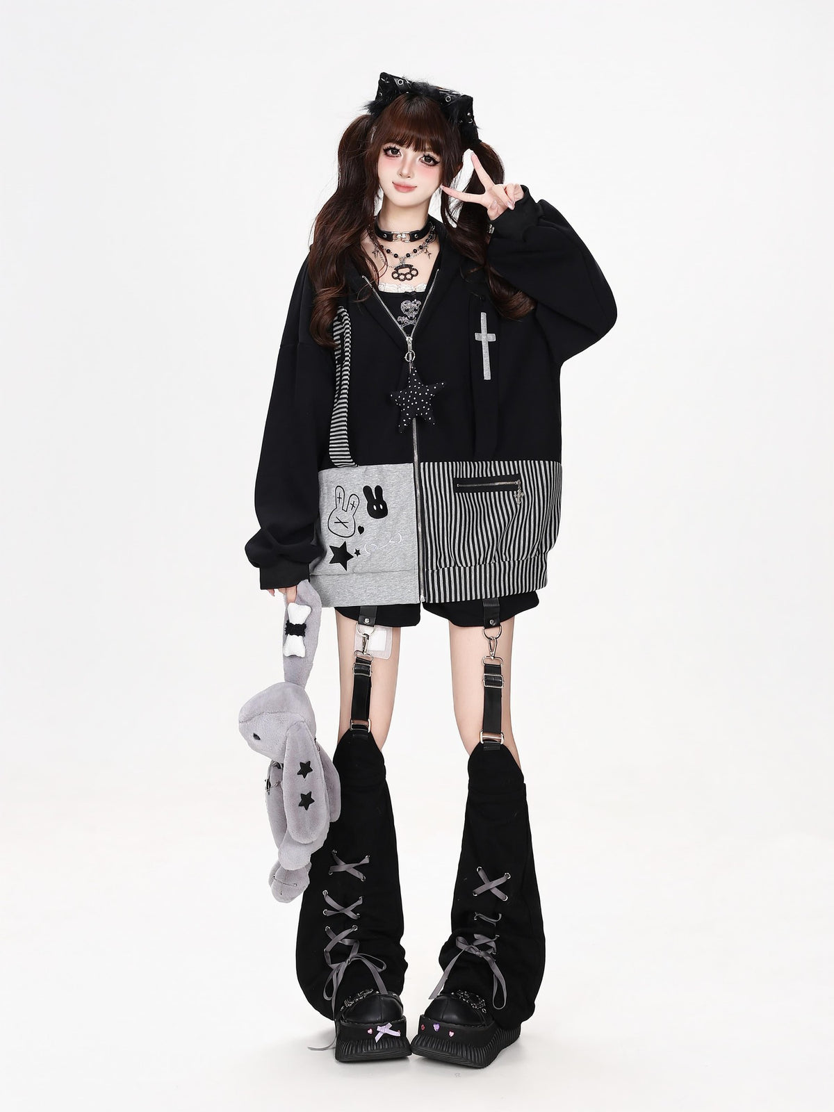 CRAZYGIRL Striped Patchwork Hooded Loose Fit Women&