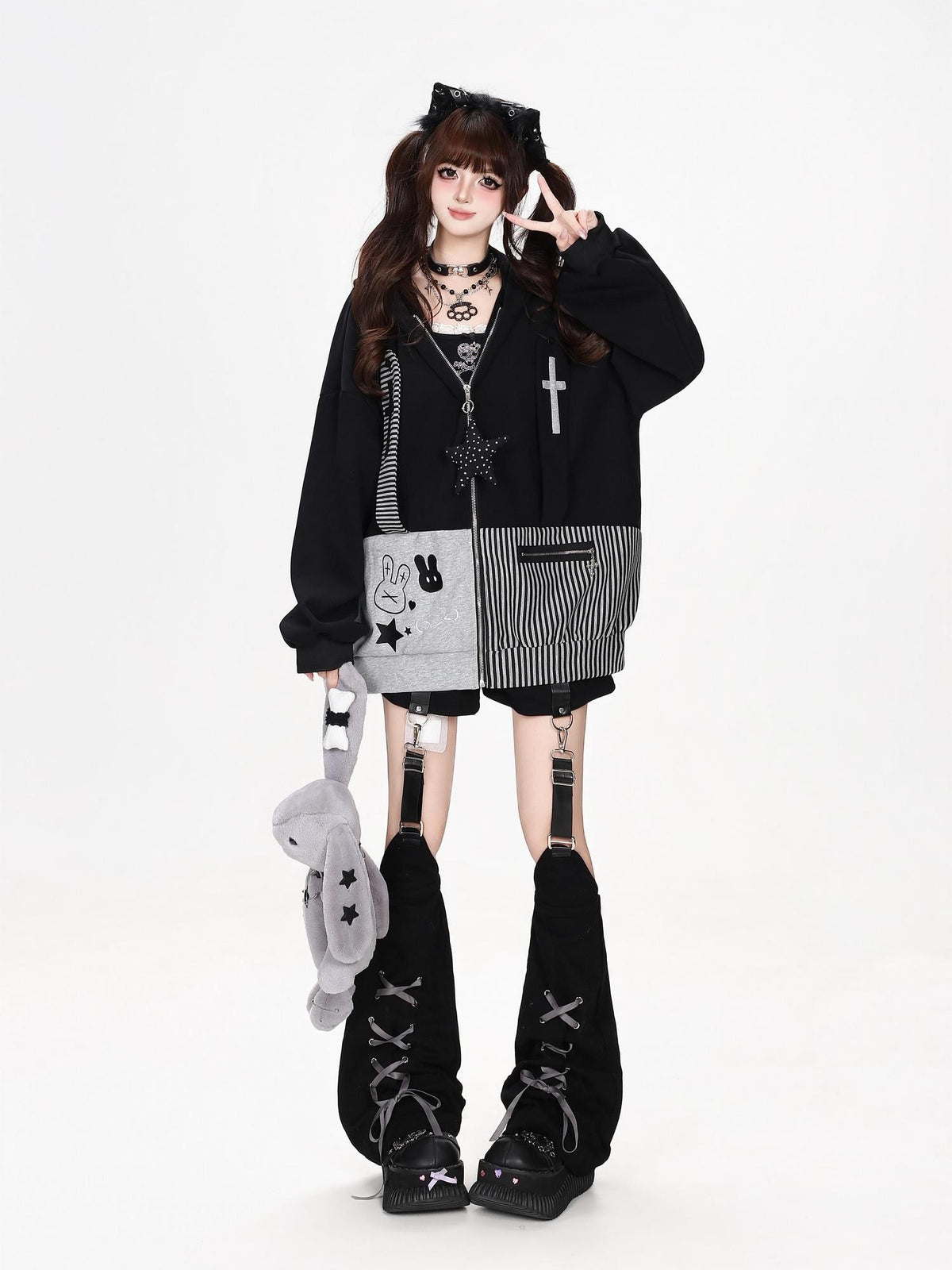 CRAZYGIRL Striped Patchwork Hooded Loose Fit Women&